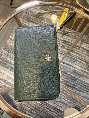 NEW! Tory Burch Forest Green Pebbled Leather Zip Card Holder Wallet